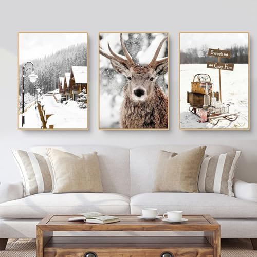 3er Winter Poster Set | Moderne Winter Schneelandschaft Wandbilder | Elch Holzhaus Wald Schlitten Tannenzapfen | Wanddeko Wohnzimmer Schlafzimmer | Winter Bilder ohne Rahmen (ABC,30x40cm)