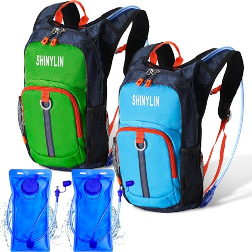 Shinylin 2 Stück Kinder Trinkrucksack mit 1,5 l Trinkblase Leichter Wasserrucksack Trinkrucksack Kinder Wanderrucksack Wasserrucksack für Jungen Mädchen Klettern Laufen (Blau, Grün)