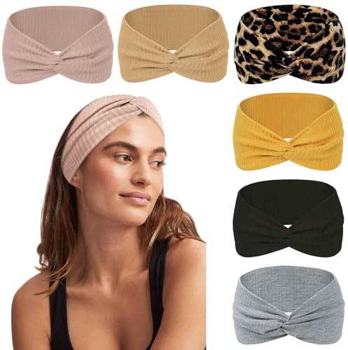 PROPOG 6 Stück Haarband Damen, Elastisches Stirnband Anti-Rutsch Leopardenmuster Haarbänder Damen Weiche Kopftuch Headband Breites Haarschmuck für Yoga Sport Laufen Exercise