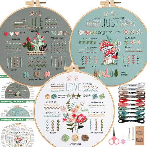 Smart-Feather 3 Sets Stickstich-Übungsset für Anfänger, grundlegende und fortgeschrittene Stickstiche, absolute Stickerei-Starter-Kits, Hand-Bastel-Set (grau)