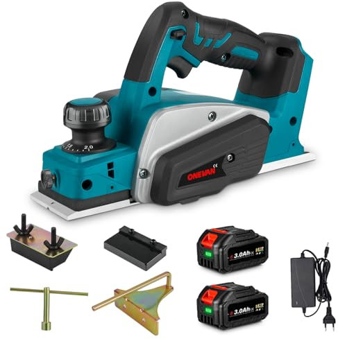 ONEVAN Akku Hobel 21V Hobelmaschine 82 mm Hobelbreite 2mm Spantiefe, 15000 U/min Handhobel Elektrohobel Handhobel Elektrisch（mit zwei 3.0Ah Akkus）