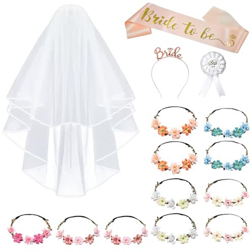 XiuGlimpse Addio al Celibato E Nubilato Decorazione 14 Pezzi,10 Coroncine Addio al Nubilato,1 Velo Sposa,1 Bride To Be Satin Sash,1 Sposa Spille,1 Sposa Cerchietto,Kit Addio al Nubilato Sposa E Amich