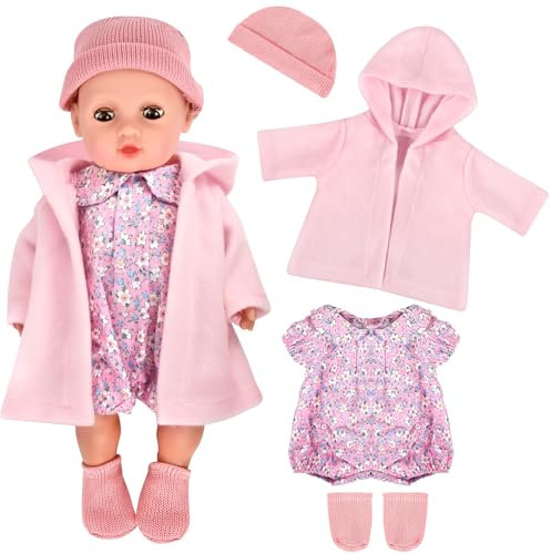 Puppenkleidung 35-43 cm, Kleidung Outfits für Baby Puppen, Puppenkleidung Set, Baby Puppe Kleidung, Puppe Zubehör mit Baby Langarm Bodys, Hut, Socken, Mantel