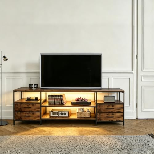 Chleby TV-Schrank für 70 Zoll Fernseher Lowboard für TV Fernsehtisch mit 4 Schubladen 4 offenen Fächern,160x40x63 cm TV-Schrank mit LED-Lichtleiste und Steckdosen für Wohnzimmer Schlafzimmer Braun