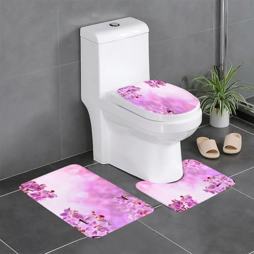 EYLOZS Badezimmerteppich Set 3 Teilig Waschbar rutschfeste Badematte Toilettenmatte Weich Saugfähige Badteppiche,Rosa Orchidee auf rosa Hgrund