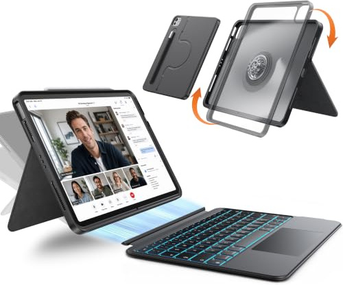 HOU 360° drehbare & abnehmbare Tastaturhülle für iPad A16 & iPad 10. Gen | verstellbarer Ständer,Hoch und Querformat, Stiftfach,Trackpad,7-farbig beleuchtet,Vollschutz-Hülle,QWERTZ,Schwarz