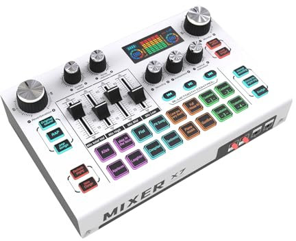 Docooler X7 - Placa mezcladora de audio con tarjeta de sonido en vivo externa, 12 efectos especiales, 4 efectos personalizados, micrófono BT de acompañamiento de 48 V para smartphone, laptop, PC