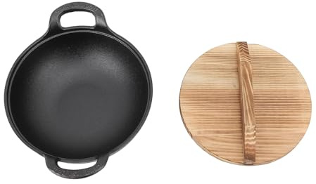 HERCHR WOK en fonte non bâton pour sauté, grillade, friture, casserole avec un couvercle en bois à 2 poignées, base plate non revêtue de poêle chinoise profonde pour la cuisine chinoise (20 cm)