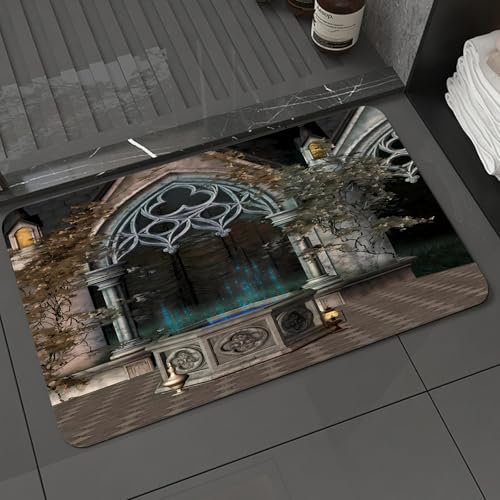 KDWJS Tappeto da bagno antiscivolo, in morbida microfibra a pelo lungo,Antiscivolo,Lavabile in lavatrice,Assorbenti,Fontana misteriosa di notte, affascinante fontana gotica luminosa, fontan,40x60 cm