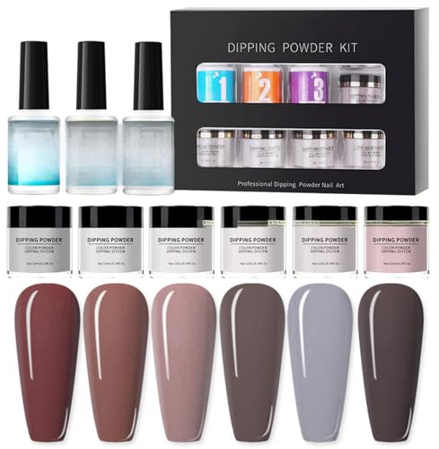 Kit de poudre de trempage à ongles à 6 couleurs avec base, couche de finition et activateur pour manucure française et art des ongles, aucune lampe UV/LED requise, usage domestique DIY