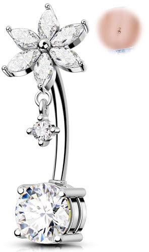 OUFER 14G Fiore Piercing Ombelico Acciaio Chirurgico 316L Reverse Belly Bar Pendente Zircone Trasparente 12 mm Piercing a Banana Gioielli con Bilanciere Lungo per Corpo da Donna