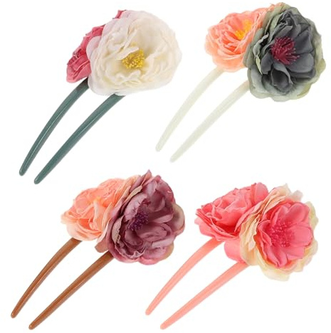 NIYANGLE 4 Pièces Hair Sticks U Shaped Vintage Fabric Rose Hair Pins For Women Traditional Updo Accessories For Long Bun