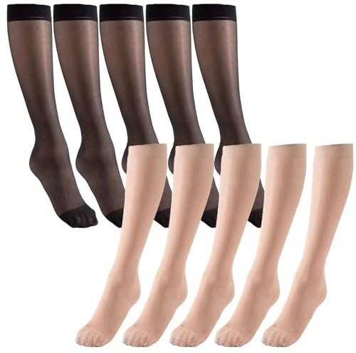 VPB 10 Pares Calcetines de Mujer 15 DEN, Calcetines Largos Hasta la Rodilla, Medias Transparentes de Nailon Sin Presión, Suaves y Cómodos para Uso Diario, Talla Única (5Color Piel 5negro)