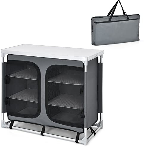 GOPLUS Armario de Camping Plegable, Mueble de Cocina Portátil con 6 Estantes, 3 Bolsillos Laterales, Puertas con Cremallera, Marco de Aluminio y Bolsa de Transporte, para Picnic y Barbacoa