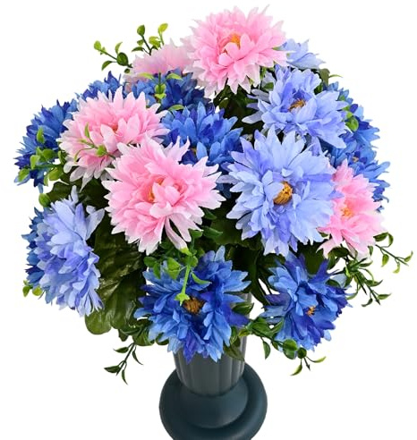 4pcs Artificial Flowers for Graves, Fake Grave Flowers Outdoor, Pink & Blue | Faux Chrysanthemums, Silk flowers, Grave Ornaments, Funeral, Graveside, artificial plants outdoor, 20 Blooms, No Pots
