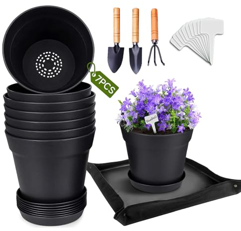 7 Pièces Pot Plante Intérieur avec Soucoupe, Pot Fleur Plastique avec Trous Drainage, Fleurs avec Petite Pelle Jardinage, Tapis Plantation 50cm x 50cm avec 20 Étiquettes Plantes (2×12cm + 5×14cm Ø)