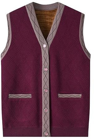 Generico Cardigan Senza Maniche da Donna Maglione di Mezza età e Anziana Foderato in Pile Scollo A V Senza Maniche con Bottoni Gilet in Maglia con Tasche Cardigan da Anziana Gilet Rosso UVA Taglia L