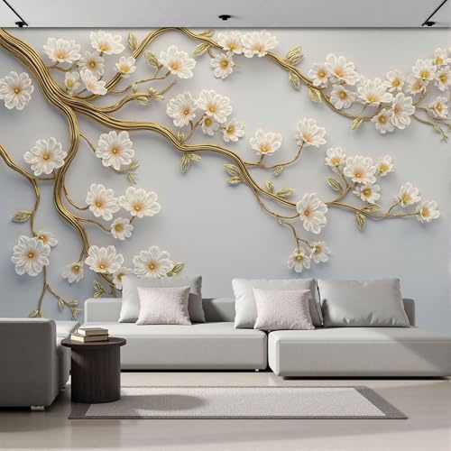 Carta Da Parati Metallo Fiori Rami 3D Effetto 350X256Cm Carta Da Parati Murale Rilievo Vegetale 3D Platino Fotomurale Facile Da Installare Sala Pranzo Corridoio Fotomurale Da Parete