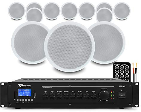 Power Dynamics Commercial Ceiling Speaker System with Bluetooth Amplifier - Complete Restaurant, Office & Warehouse Background Music PA Kit, 12 x 5.25 Speakers, MP3 Media Playback, Microphone Input