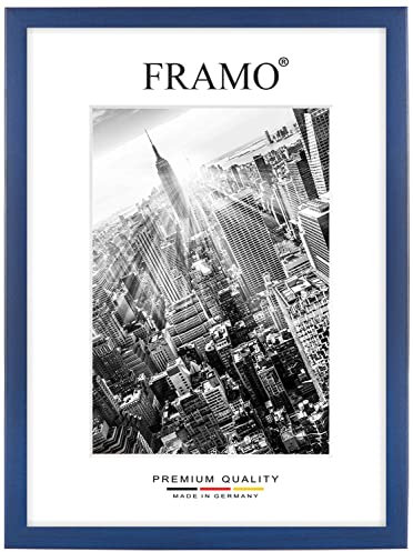 FRAMO Holz Bilderrahmen 54 x 42 cm nach Maß - Dunkelblau gewischt | Größe wählbar | inkl. entspiegeltes Acrylglas | Rahmen für Puzzle | Foto | Poster
