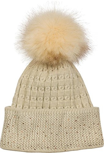 styleBREAKER weiche Feinstrick Bommelmütze mit Strass und abnehmbarem Kunstfell Bommel, Fellbommel Mütze, Damen 04024133, Farbe:Beige