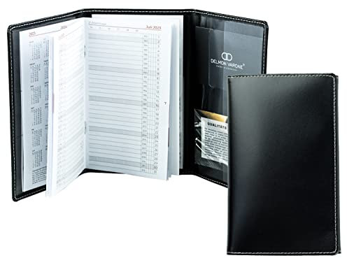 DELMON VARONE - Personalisierbarer Taschenkalender 2026 3-teilig Cambridge Top Grain Leder-Hülle schwarz - Organizer Terminplaner (1 Monat 1 Seite) - Buch-Kalender Monatsübersicht, Adressenheft