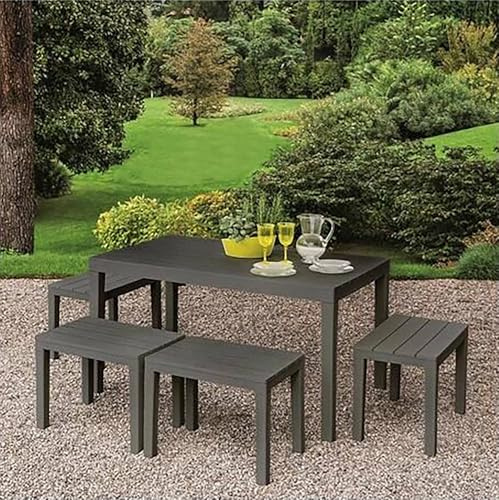 Dmora - Ensemble de salon d'extérieur Sanremo, Composition de jardin avec 1 table rectangulaire et 4 bancs, Salon intérieur et extérieur de Pic Nic, 100% Made in Italy, Anthracite