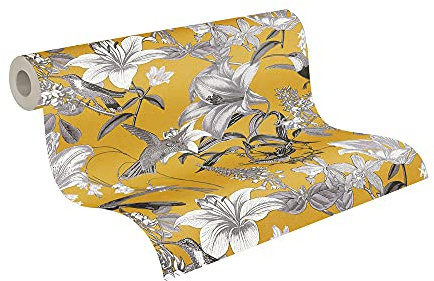 A.S. Création Papier Peints Fleuris Jungle Chic intissé - 10,05m x 0,53m - Jaune Gris Noir Fabriqué en Allemagne 377013 37701-3