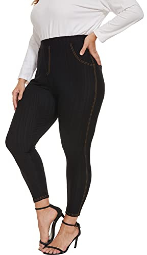 WIPLORE Jeggings Effet Jean pour Femme - Grande Taille - Leggings en Denim Extensible avec Poches - Pantalon Skinny à Enfiler - M-4X, 01_Noir, Taille 3XL