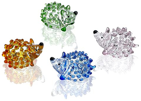 H&D HYALINE & DORA Set of 4 Blown Glass Lovely Hedgehog Figurines,Handmade Colorful Glass Art Animals Collectible Gift Home Decor