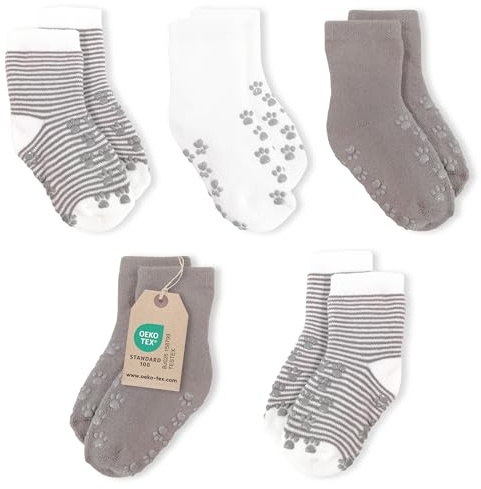 LaLoona Baby Socken Set Anti Rutsch - 5 Paar rutschfeste ABS Babysocken, hautfreundlich dank ÖKOTEX Standard 100 und hohem Baumwolle Anteil - Grau - Größe 17/18