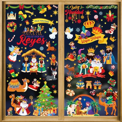 DPKOW Navidad Reyes Magos Pegatinas de Ventanas Decoración, Navidad Nacimiento Pegatinas de Ventanas para Reyes Magos Pared Puerta Casa Decoración