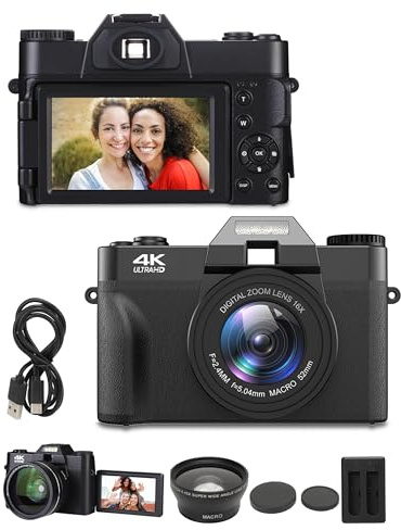 4K Digitalkamera um 180° drehbarer HD Bildschirm, Vlog Kamera Autofokus 16 Facher Digitalzoom, Kompaktkamera WiFi Fotoübertragung mit Pausenfunktion für Anfänger