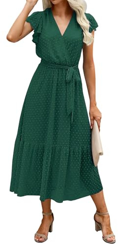 Adigaber Femme Mousseline Robe d'été Longue Robe Elégante A-Line Robe col V à Volants avec Ceinture