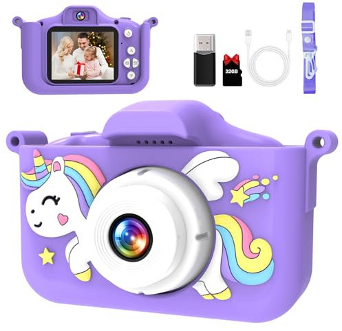Kinderkamera，Digitalkamera für Kinder mit 2.0” Display, HD (1080P), stoßfest, ideal für Jungen und Mädchen (3-12 Jahre) Geburtstage, Weihnachten und kreatives Spielzeug（Lila）