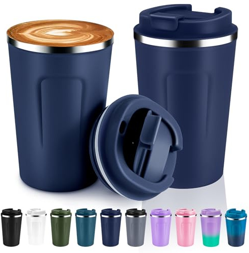 Volhoply 360ml 12oz Double Wall Insulated Vacuum Travel Coffee Mugs with Flip Lid Bulk 2 Pack,Reusable Stainless Steel Leak Proof Coffee Cup,Cafe Thermal Tumbler for Hot & Cold Drinks(Navy,2 Set)