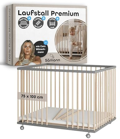 Sämann Laufstall Baby mit Matratze, Schlupfsprossen & Lattenrost | stufenlos höhenverstellbar | Laufgitter Premium | Babybett aus Holz | Krabbelgitter (grau/natur, 75x100 cm)