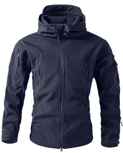Duohropke Giacca softshell impermeabile da uomo, giacca da lavoro, giacca invernale foderata, giacca a vento con cappuccio, per esterni, calda, antivento, impermeabile, Blu, M