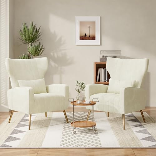 Hawthyhome 2er-Set Samt-Ohrensessel mit Kissen, Beige | 2er-Set; hohe Rückenlehnen; passende Kissen; goldene Metallbeine; Loungesessel für Wohnzimmer, Schlafzimmer & Leseecke