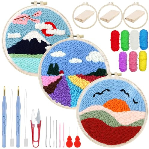 Woohome Punch Needle Kit, Stanznadel Stickerei Starter Kit, Sticktuch mit Muster, Stickrahmen Fäden, Anleitung für Kunsthandwerk (Sonnenuntergang und Blumenfelder)
