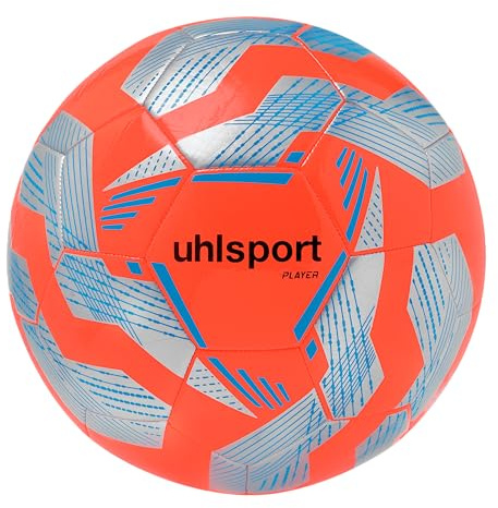 uhlsport Player Football Ballon de Football pour Adultes - Taille 5, Fluo Rouge/Argent/Cyan