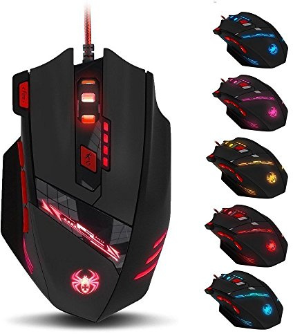 zelotes Souris de jeu optique RVB avec bouton d'allumage rapide, 9200 DPI (6 niveaux réglables), 8 boutons programmables, poids réglables, souris ergonomique filaire USB pour bureau/jeux/ordinateur