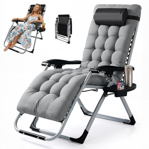 CUPCHID Chaise Longue Pliante Extra-Large – Fauteuil Zéro Gravité d'une capacité de Charge de 200 kg, avec Matelas et Oreiller Amovibles – Chaise de Jardin inclinable (90° à 170°) pour terrasse