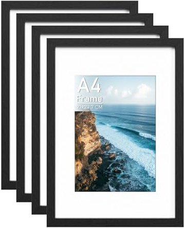 Histarzeda A4 Picture Frame Set of 4, Wooden Black A4 Frame with Perspex Glass, A4 Frames for Collage Photo Wall, Desktop & Wall Horizontal Vertical (Black)