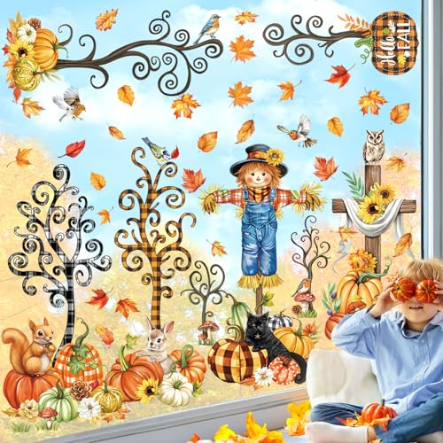 decalmile Pegatinas de Ventana Hojas Arce Árbol Calabaza Espantapájaros | Anticolisión Calcomanías Estáticas, Vinilos para Ventanas, Impresión a Doble Cara, Impermeable, Reutilizables, Removible