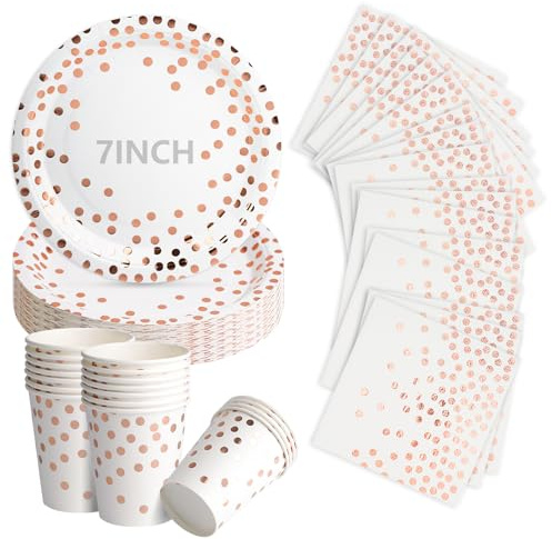 75Pcs Rose Gold and White Paper Plates, Disposable Party Plates Cups and Napkins, 7 Inch Strong Paper Plate, Party Tableware Set for Birthday Bridal Shower Wedding Table Decorations