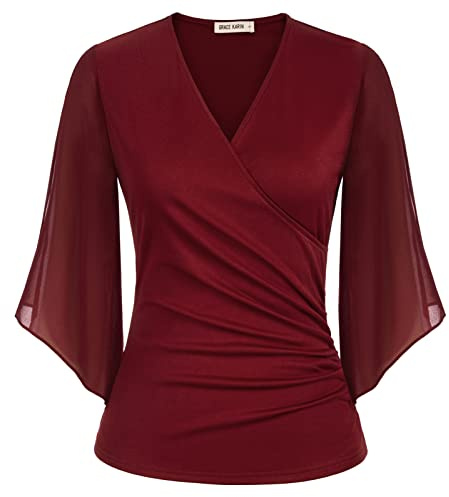 GRACE KARIN Damen Festliche Chiffon Oberteile Kreuz V-Ausschnitt Taillen Wickelbluse Elegante Rüschenärmel Abendmode Tops Dunkelrot XL