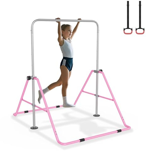 NAIZY Barra de gimnasia para exteriores, para niños, altura ajustable, con 2 anillos, plegable, para interior, jardín, color rosa
