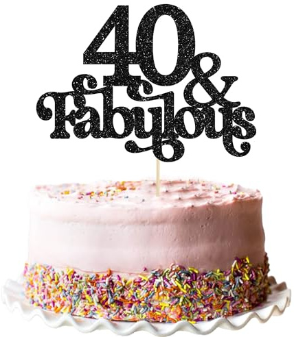 Ephlyn 1Pc 40 & Fabulous Cake Topper Glitter Forty and Fabulous Cake Toppers Happy 40th Birthday Cake Pick for 40th Wedding Anniversary Birthday Party Decorations Supplies Black