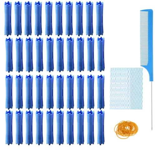 MOODKEY 40pcs Perm Rods, Plastic Hair Rollers Heatless Hair Curlers Set with 1pc Rat Tail Comb, 48pcs Rubber Band and Curling Papers for Hairdressing Styling